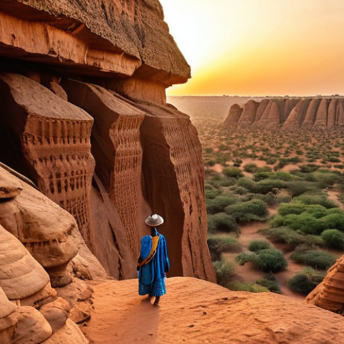 Home 4 **Image Prompt:** Majestic rock formations of Sindou at sunset, Burkina Faso. Golden light illuminates the unique geological landscape, with a small figure of a local guide in traditional clothing leading the way. Focus on capturing the scale and otherworldly atmosphere.