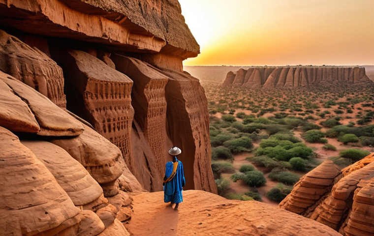 **Image Prompt:** Majestic rock formations of Sindou at sunset, Burkina Faso. Golden light illuminates the unique geological landscape, with a small figure of a local guide in traditional clothing leading the way. Focus on capturing the scale and otherworldly atmosphere.