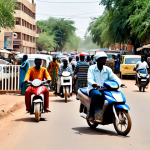 Busy Ouagadougou Street Scene**

"A bustling street scene in Ouagadougou, Burkina Faso, daytime. Many motorcycles, taxis, and some donkey carts share the road. People are going about their daily lives, fully clothed in colorful, modest clothing. Buildings are a mix of traditional and modern styles. Safe for work, appropriate content, perfect anatomy, natural proportions, professional photography, high quality."

**