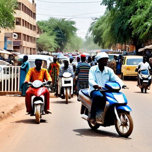 Busy Ouagadougou Street Scene**

"A bustling street scene in Ouagadougou, Burkina Faso, daytime. Many motorcycles, taxis, and some donkey carts share the road. People are going about their daily lives, fully clothed in colorful, modest clothing. Buildings are a mix of traditional and modern styles. Safe for work, appropriate content, perfect anatomy, natural proportions, professional photography, high quality."

**