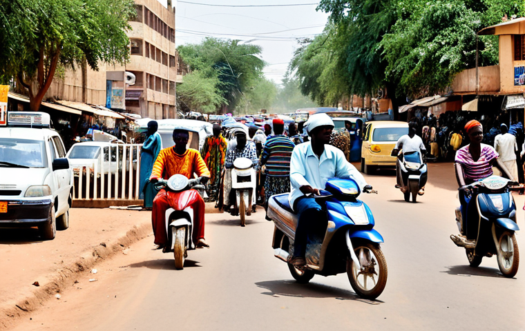 Busy Ouagadougou Street Scene**
"A bustling street scene in Ouagadougou, Burkina Faso, daytime. Many motorcycles, taxis, and some donkey carts share the road. People are going about their daily lives, fully clothed in colorful, modest clothing. Buildings are a mix of traditional and modern styles. Safe for work, appropriate content, perfect anatomy, natural proportions, professional photography, high quality."
**
