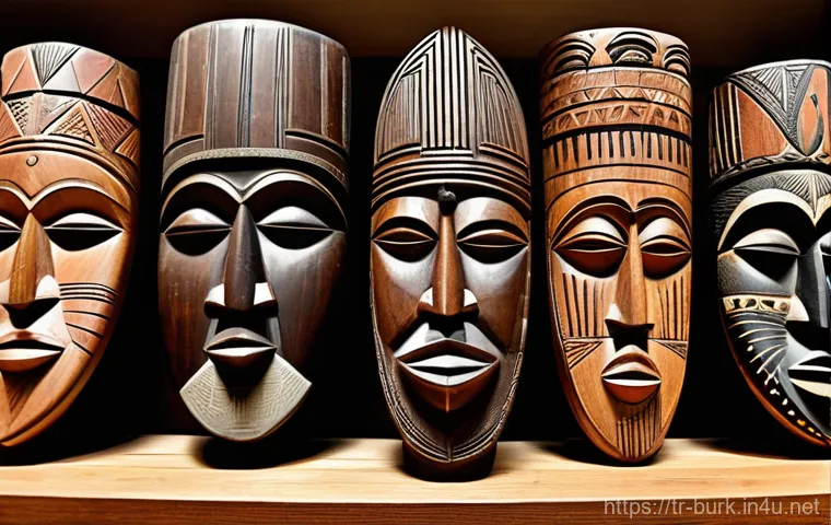 부르키나파소 기념품 추천 및 쇼핑 가이드 - **Prompt:** "A close-up, highly detailed shot of a collection of traditional hand-carved wooden mask...